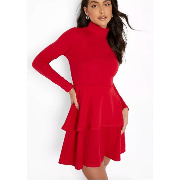 Boohoo Red High Neck Skater Tiered Dress size 6 - Picture 1 of 9
